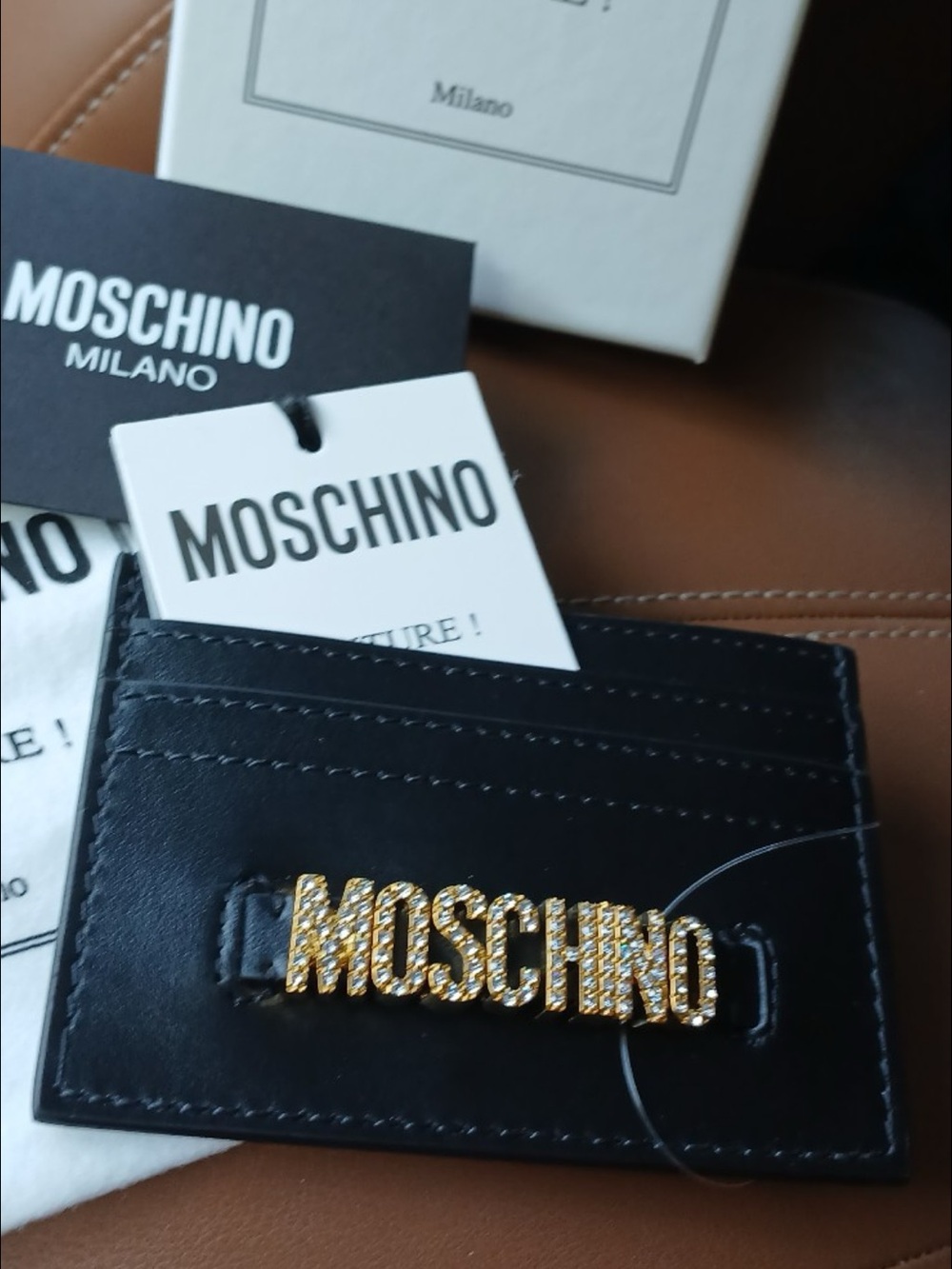 Moschino Black Card Holder with Gold Crystal Logo wallet